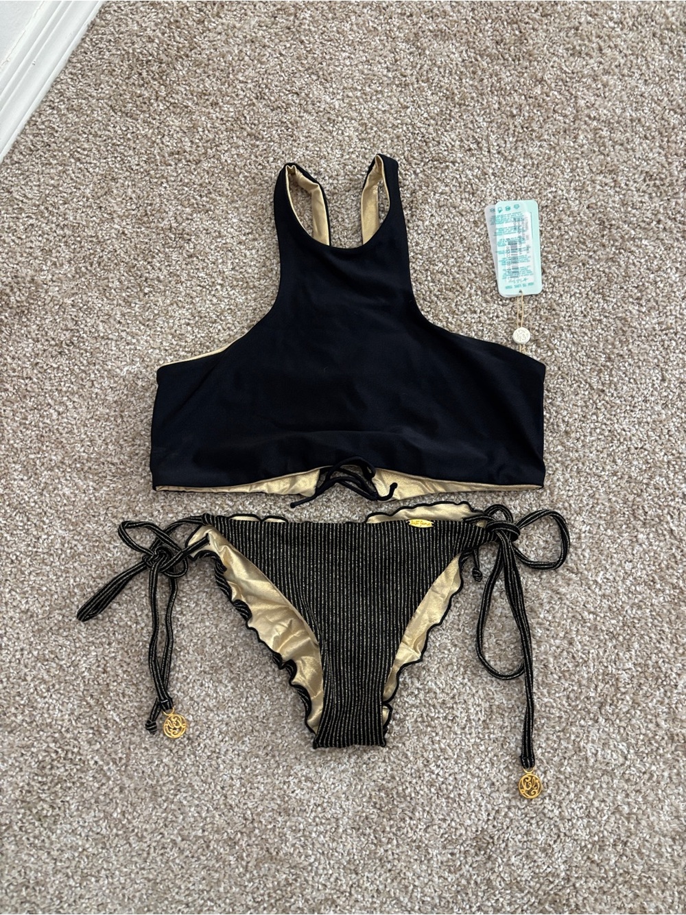 NWT LULI FAMA Cosita Buena Black/ Gold  Skimpy Triangle Brazilian Bikini M Set